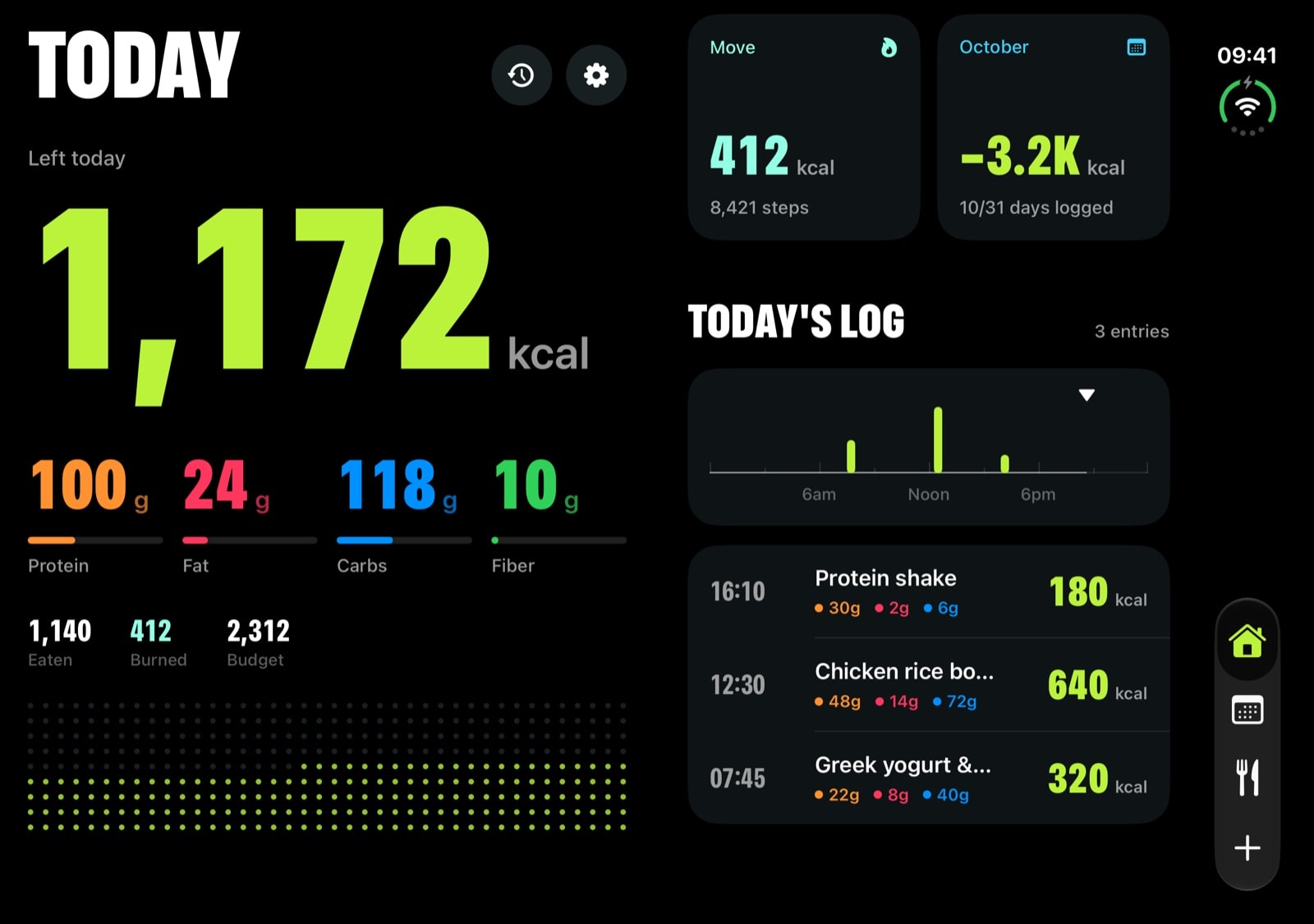CalorieFlow Home on the unfolded iPhone Duo: 1,172 kcal left and macros on the left half, Move and month tiles and today's log on the right half