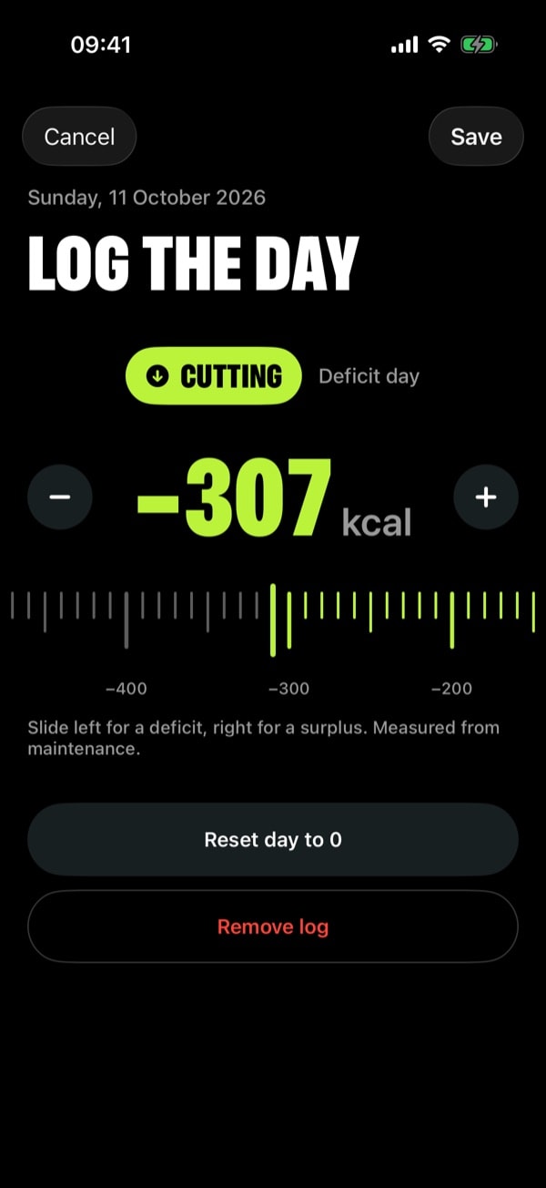 Log the day sheet showing minus 307 kcal on a ruler centered on zero, labelled Cutting