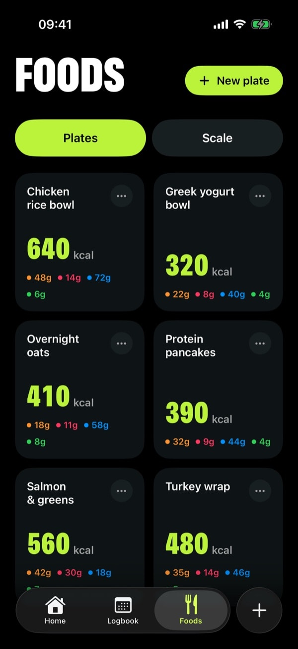 Foods tab showing saved plates like a chicken rice bowl at 640 kcal and overnight oats at 410 kcal