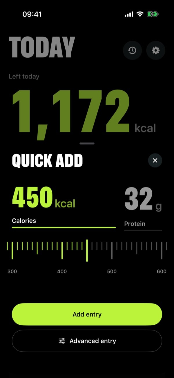 Quick Add sheet with 450 kcal and 32 g of protein set on a horizontal tick ruler