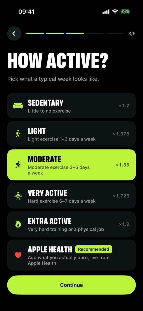 Setup wizard asking how active you are, from sedentary to extra active, with Apple Health recommended