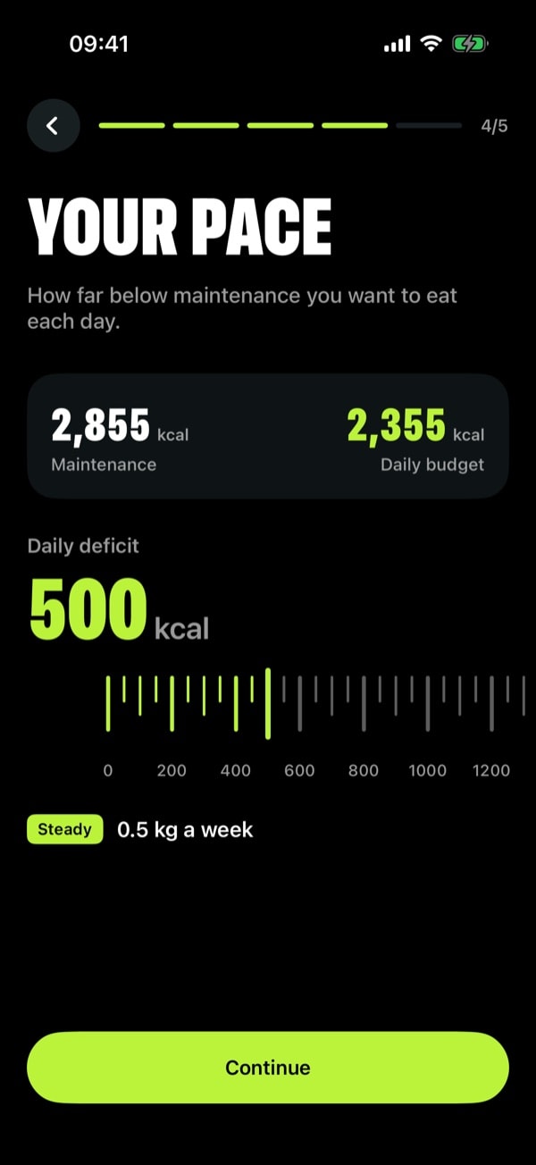 Setup wizard pace step with a 500 kcal daily deficit on a ruler, a 2,355 kcal budget and 0.5 kg a week